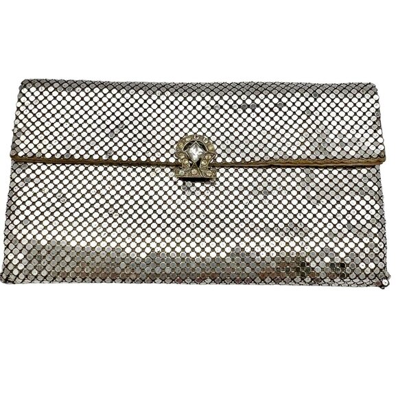 Vintage Purse Silver Mesh 6.5 x 3.5 Clutch Crystal Clasp Whiting & Davis Co - Picture 1 of 10